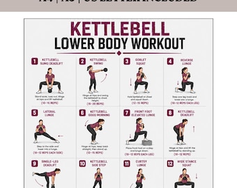 Kettlebell Lower Body Workout Chart | 16 Glute, Leg & Hip Exercises | Printable PDF Poster A4 A5 US Letter | Strength Training for Beginners