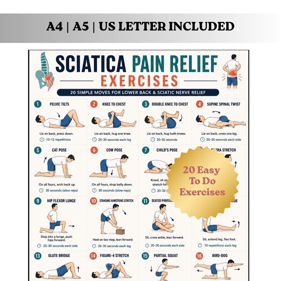 Sciatica Pain Relief Exercises Printable PDF | Lower Back Stretch Chart ...