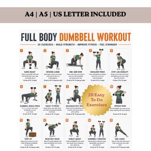 Op de afbeelding: Een wit informatieposter getiteld FULL BODY DUMBBELL WORKOUT met 20 genummerde oefenillustraties van een persoon in een groen shirt en zwarte legging. Bevat de tekst A4 | A5 | US LETTER INCLUDED en een gouden ster-afbeelding.