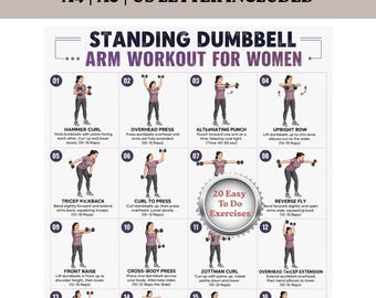 Standing Dumbbell Arm Workout for Women | 20 Upper Body Exercises | Biceps Triceps Shoulders Chart | PDF A4 A5 US Letter