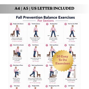Può includere: Un poster con esercizi di equilibrio per la prevenzione delle cadute per anziani. Il poster include illustrazioni di esercizi come la posizione su una gamba, la posizione in tandem e i sollevamenti sui talloni. Il testo in alto recita "A4 | A5 | US LETTER INCLUDED".