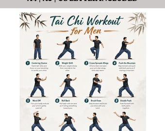 Tai Chi Workout Chart for Men, Balance Mobility Flexibility Poster (PDF Download) A4 A5 US Letter Instant Download