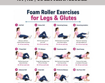 Foam Roller Exercises for Legs & Glutes | 16 Stretches Printable Workout Chart, Home Gym Poster PDF A4 | A5 | US Letter | Digital Download