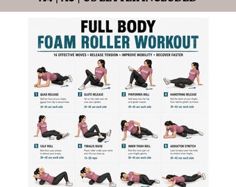 Full Body Foam Roller Routine | 16 Exercises Chart | Mobility Stretching and Recovery | Printable PDF A4 A5 US Letter | Instant Download