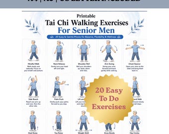 Tai Chi Walking Exercises for Senior Men Printable PDF | 20 Gentle Standing Forms, Balance & Mobility Chart for Elderly Men