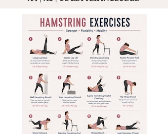 Hamstring Workout Chart Printable | 16 Exercises Strength & Flexibility PDF | Leg Day Home Gym Poster A4 A5 Letter