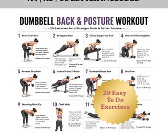 Dumbbell Back & Posture Workout Poster | Upper Back Exercises Chart | Beginner Home Gym Printable | Digital Download PDF Wall Art
