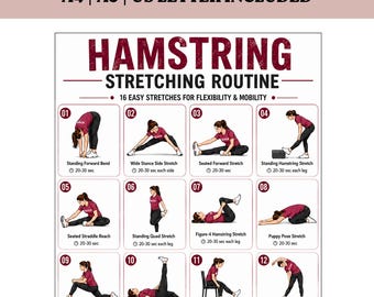 Hamstring Stretching Exercises Printable | 16 Stretches PDF Chart | Leg Flexibility & Mobility | A4 A5 US Letter | Instant Download