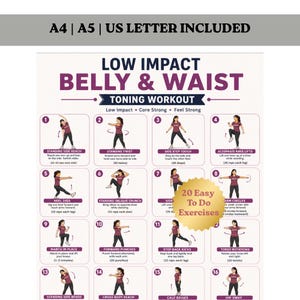 Könnte beinhalten: Ein Trainingsplan mit dem Titel Low Impact Belly & Waist Toning Workout, der sechzehn nummerierte Übungsillustrationen mit Anleitungen zeigt. Das Poster enthält den Text A4 | A5 | US Letter Included und 20 Easy To Do Exercises.