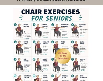 Chair Exercises for Seniors Printable | 20 Seated Workout Chart PDF | Low Impact Balance & Mobility | A4 A5 US Letter