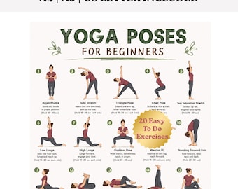 Yoga Poses for Beginners Printable PDF, 20 Asanas Chart, Daily Home Workout Poster, Flexibility, Balance & Stress Relief, Instant Download