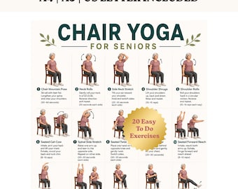 Chair Yoga for Seniors Printable | 20 Seated Yoga Poses Chart PDF | Gentle Chair Workout for Older Adults | A4 A5 US Letter