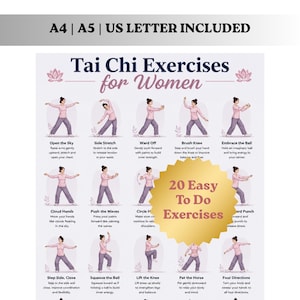 Può includere: Un poster con esercizi di Tai Chi per donne, con 20 esercizi facili da eseguire. Ogni esercizio è illustrato con una donna che dimostra i movimenti, con titoli come "Aprire il cielo" e "Spazzare il ginocchio".
