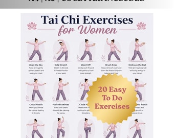Tai Chi Exercises for Women | Printable Gentle Workout Chart for Seniors & Beginners | Balance Flexibility PDF Digital Download