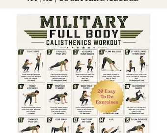Military Calisthenics Workout Plan Printable PDF, Full Body Bootcamp Bodyweight Training Chart, No Equipment Home Fitness Poster Women