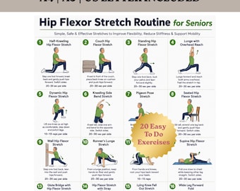 Hip Flexor Stretch Routine for Seniors | Printable PDF Exercise Chart | Chair & Standing Hip Mobility | Instant Download