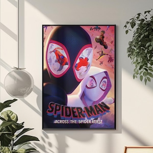 May include: A framed poster featuring Spider-Man characters from the movie "Across the Spider-Verse." The poster showcases Spider-Man in a black suit and Spider-Gwen in a white suit, with a vibrant background of other Spider-Man characters.