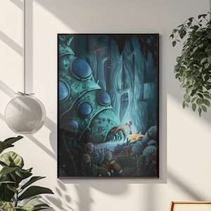 May include: A framed fantasy art print depicting a surreal forest scene with a large, teal creature and small figures gathered around a light source. The artwork is displayed on a white wall, with a wooden chair and potted plants in the foreground.