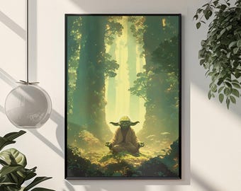Plakat z medytacją Yody | Sztuka ścienna inspirowana Gwiezdnymi Wojnami | Fantastyczny wydruk z mistycznym lasem | Dekoracja pokoju Jedi | Prezent dla fana Galaxy