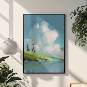 May include: Framed art print featuring a serene landscape with two figures on a grassy hill, overlooking a body of water. The artwork showcases a vibrant sky with large, fluffy clouds and a soft, natural color palette. The print is displayed in a black frame.