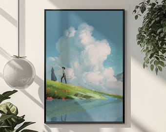 Plakat z krajobrazem „Ruchomy zamek Hauru” | Grafika ścienna z anime Studio Ghibli | Marzycielski wydruk z motywem fantasy | Przytulna dekoracja do pokoju w stylu japońskim | Prezent od Miyazaki