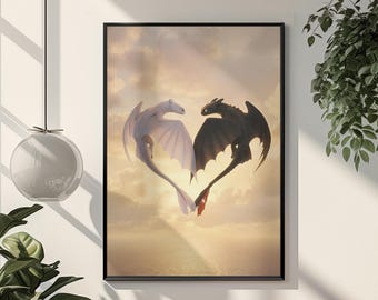 Plakat „Jasna Furia i Szczerbatek” | Grafika ścienna „Jak wytresować smoka” | Wydruk fantasy DreamWorks | Uroczy wystrój pokoju ze smokiem | Prezent dla fana filmu