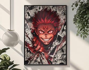 Plakat Ryomen Sukuna | Grafika ścienna z anime Jujutsu Kaisen | Panel z nadrukiem komiksowym i mangą | Dekoracja pokoju z mrocznym anime | Grafika z przeklętym królem | Prezent dla otaku