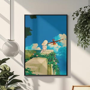 May include: Framed art print featuring an anime scene. A person in a white dress and hat sits on a stone wall, looking at a red and brown airplane flying in a blue sky with clouds. The artwork is framed in black.