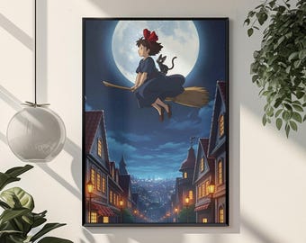 Kiki's Delivery Service Poster | Studio Ghibli Anime Wall Art | Moonlight Flying Scene Print | Magical Night Aesthetic Decor | Anime Poster