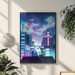 May include: Framed art print showing an anime-style cityscape at night. The image features two figures on a rooftop, with a colourful sky and neon-lit buildings. The print is displayed on a white wall, with plants and a wooden chair in the foreground.