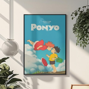 May include: Framed poster featuring the animated film "Ponyo." The poster has a blue background with the title "Ponyo" in white. The image depicts two animated characters kissing, with a red-clad figure floating above a boy in a yellow shirt.