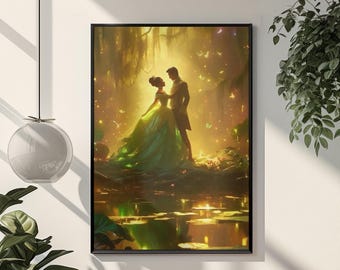 Vintage Princess and the Frog Poster, Tiana & Naveen Wall Art, Disney Inspired Fairytale Print, Romantic Princess Decor, Bookish Fairy tale