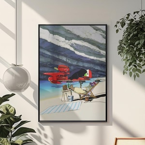 Peut inclure: Une impression d'art encadr&eacute;e repr&eacute;sente une sc&egrave;ne de plage avec un hydravion rouge, une personne se relaxant dans une chaise longue et une serviette ray&eacute;e. L'arri&egrave;re-plan pr&eacute;sente un oc&eacute;an et un ciel stylis&eacute;s. L'&oelig;uvre est expos&eacute;e sur un mur blanc avec des plantes et une chaise en bois.