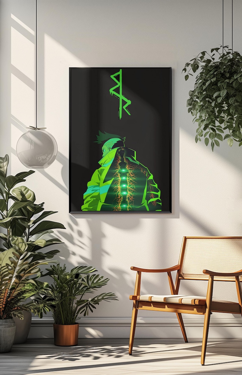 Puede incluir: Una impresi&oacute;n art&iacute;stica enmarcada que presenta una figura con una chaqueta verde ne&oacute;n con un dise&ntilde;o de columna vertebral brillante sobre un fondo negro. La obra de arte incluye texto estilizado verde en la parte superior. La imagen se muestra en una pared blanca.