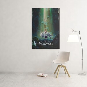 May include: A framed art print of a scene from the animated film "Princess Mononoke." The artwork depicts a figure with a wolf in a forest setting, with the film's title at the bottom. The print is displayed on a white wall.