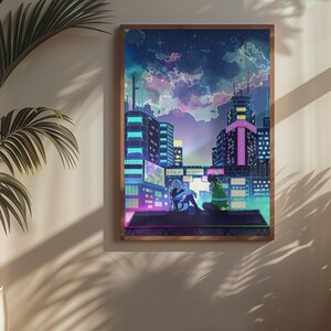 May include: A framed art print showing a futuristic cityscape at night. The artwork features neon-lit skyscrapers, a colourful sky, and two figures on a rooftop. The colour palette includes blues, purples, and pinks, creating a vibrant and atmospheric scene.