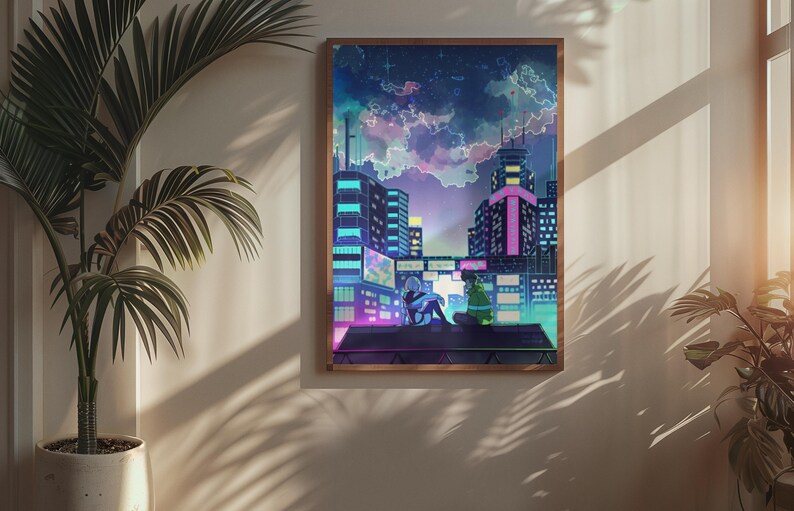 May include: A framed art print showing a futuristic cityscape at night. The artwork features neon-lit skyscrapers, a colourful sky, and two figures on a rooftop. The colour palette includes blues, purples, and pinks, creating a vibrant and atmospheric scene.