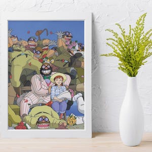 以下が含まれることがあります： カラフルなアニメシーンが描かれた、額装されたアートプリント。様々なポーズをとるキャラクターたちが描かれており、中央には座っている人物がいます。キャラクターたちは制服やスーツを着ており、背景は青空です。右側には、緑の葉が入った白い花瓶があります。