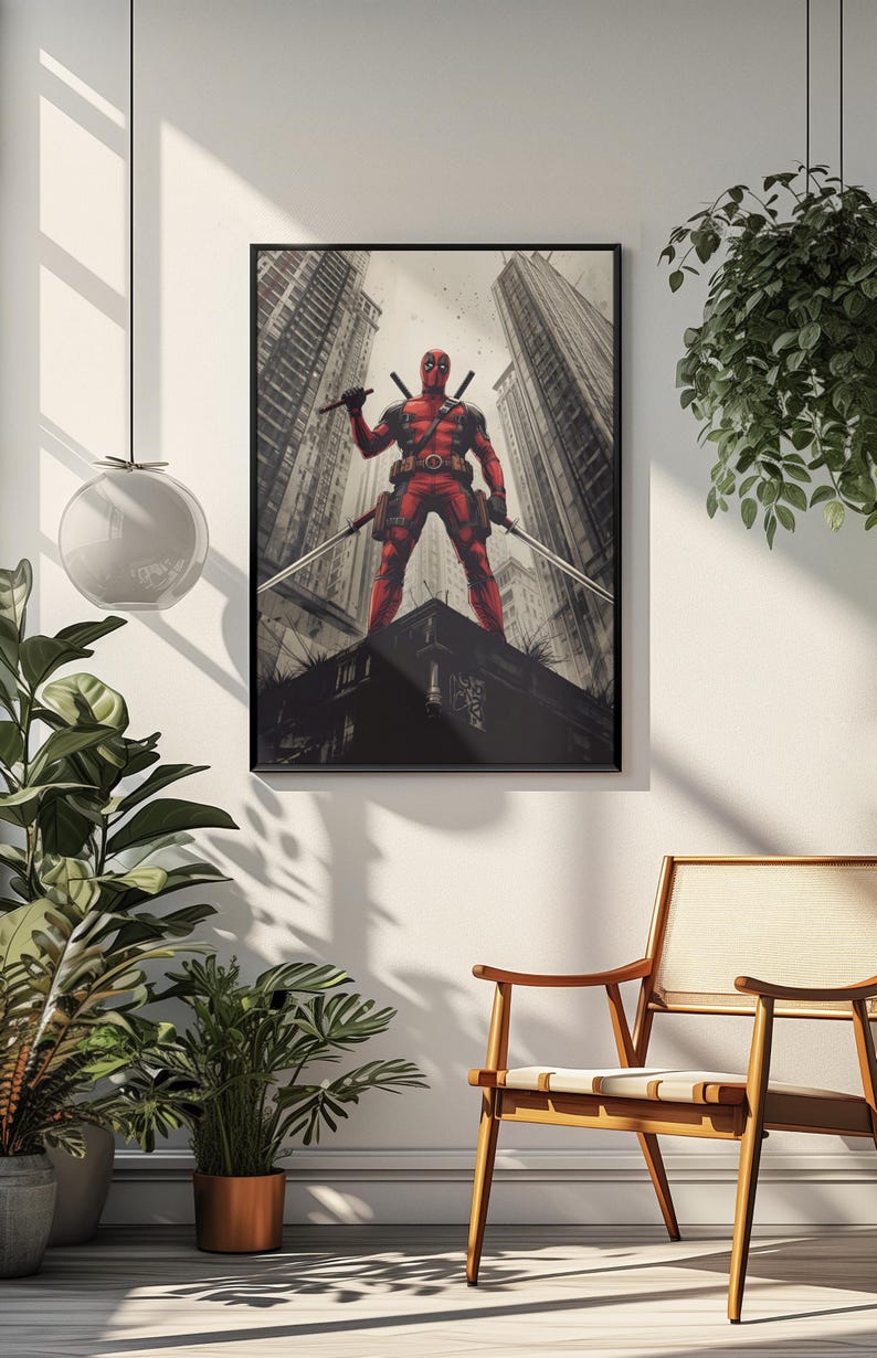 May include: Framed art print featuring Deadpool in a red and black costume, holding two swords, standing on a rooftop with a city backdrop. The artwork is displayed on a white wall, with a wooden chair and plants in the foreground.