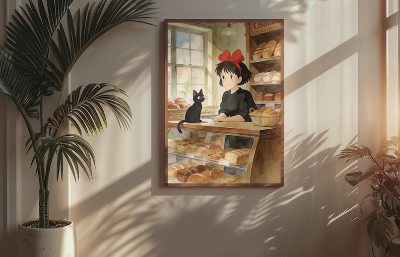 May include: Watercolor print of a bakery scene featuring a young woman with a red bow, a black cat, and various baked goods. The print is framed and hanging on a wall, with a potted plant in the foreground.