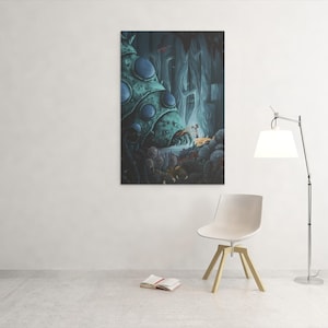May include: A vertical canvas print depicts a fantastical scene with a large, teal, organic structure with large blue orbs. A small figure is illuminated by a light source. The artwork is mounted on a white wall, with a chair and lamp in the foreground.
