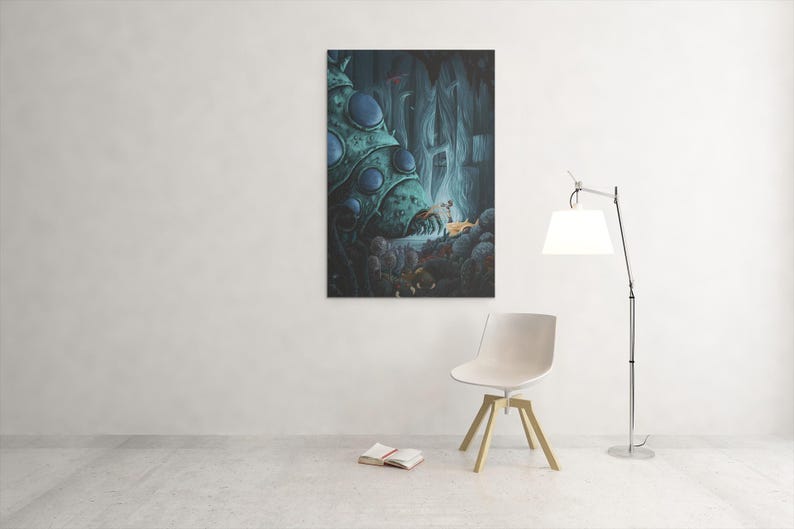 May include: A vertical canvas print depicts a fantastical scene with a large, teal, organic structure with large blue orbs. A small figure is illuminated by a light source. The artwork is mounted on a white wall, with a chair and lamp in the foreground.