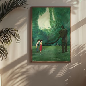 May include: A framed rectangular wall art print featuring an animated scene of two figures standing in a lush green forest clearing facing a tall, slender, dark-colored robotic figure with a long arm extended toward them under a bright sky.
