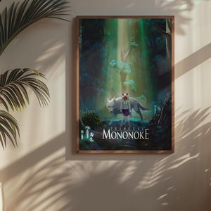 May include: Framed art print featuring a scene from Princess Mononoke. The artwork depicts a girl and a wolf in a forest setting, with the title "PRINCESS MONONOKE" at the bottom. The print is in a wooden frame.