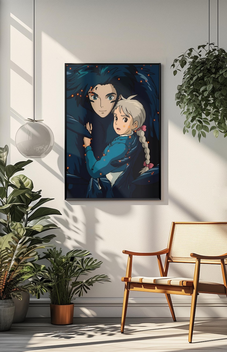 Det rörliga slottet-affisch | Studio Ghibli Anime-väggkonst | Magisk fantasyfilmtryck | Mysig japansk rumsdekor | Vintage anime-present till fan bild 1