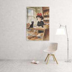May include: Watercolor print of a bakery scene featuring a young woman with a red bow and a black cat. The bakery display case is filled with various baked goods. The sign above the display reads "Osono's".