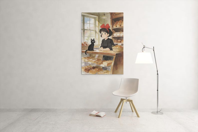 May include: Watercolor print of a bakery scene featuring a young woman with a red bow and a black cat. The bakery display case is filled with various baked goods. The sign above the display reads "Osono's".
