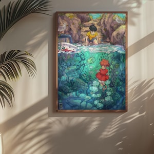 May include: A framed art print depicting an anime-style scene. The artwork shows a boy in yellow and a girl in a red dress, with a boat and underwater elements. The color palette includes blues, greens, and browns.