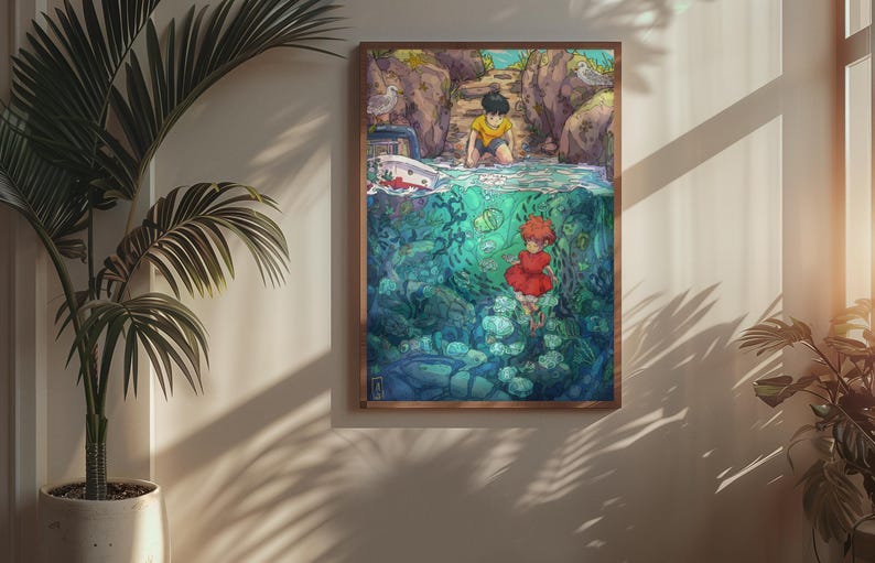 May include: A framed art print depicting an anime-style scene. The artwork shows a boy in yellow and a girl in a red dress, with a boat and underwater elements. The color palette includes blues, greens, and browns.