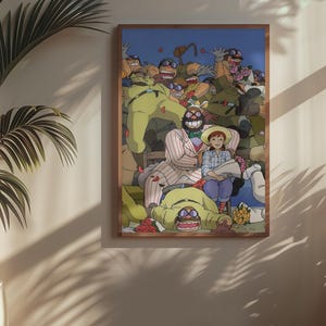 以下が含まれることがあります： カラフルなイラストが描かれた額入りのアートプリント。様々なポーズをとる漫画のキャラクターのグループが描かれており、中央には若い人が座っています。キャラクターは緑、黄、ピンクの色合いで、背景は青い空です。